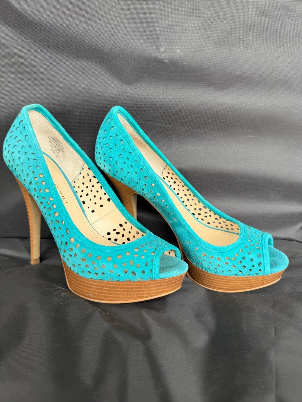 Enzo Angiolini Turquoise Peep-Toe Suede Platform Heels